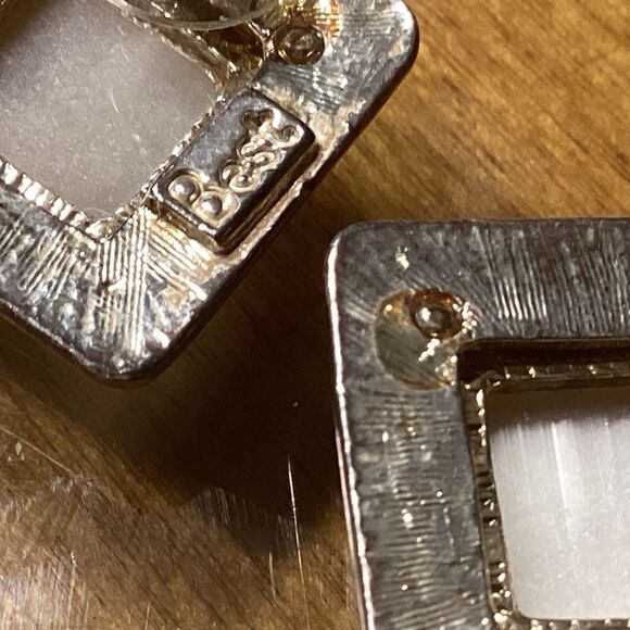 White Mother of Pearl Goldtone Bezel Set Square Earrings - Picture 8 of 9